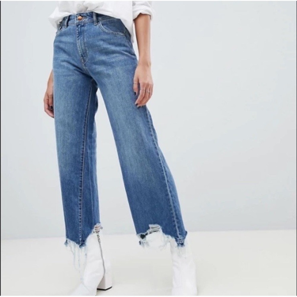 DL1961 Hepburn High Rise Wide Leg Jeans Women's Size 27 Slate Distressed Raw Hem